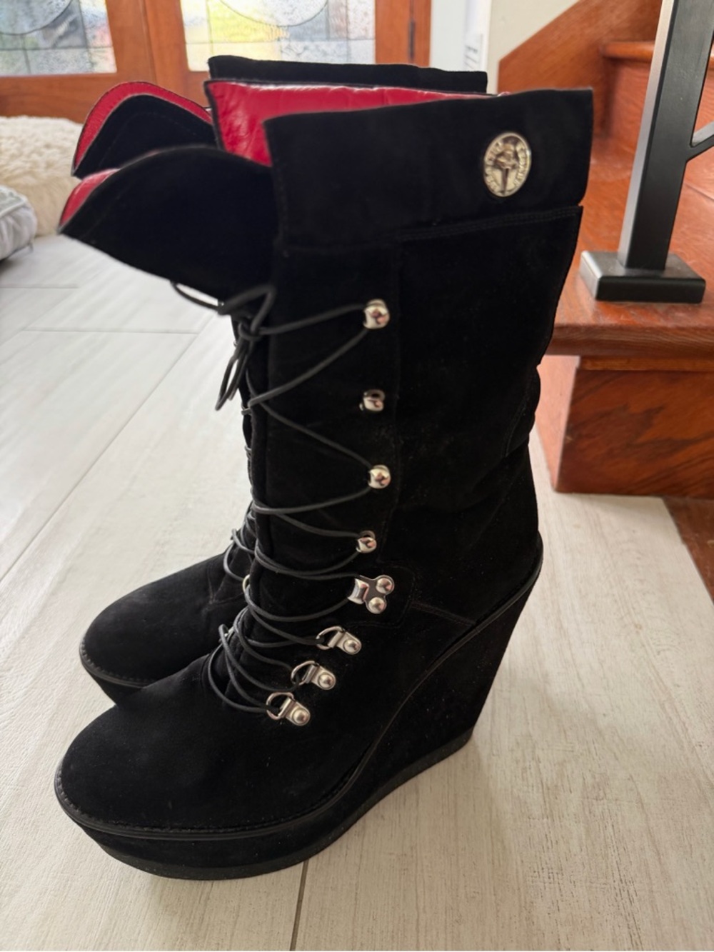 Cesare Paciotti Black Suede Lace-Up Platform Boots with Red Leather Liner. - Picture 2 of 5